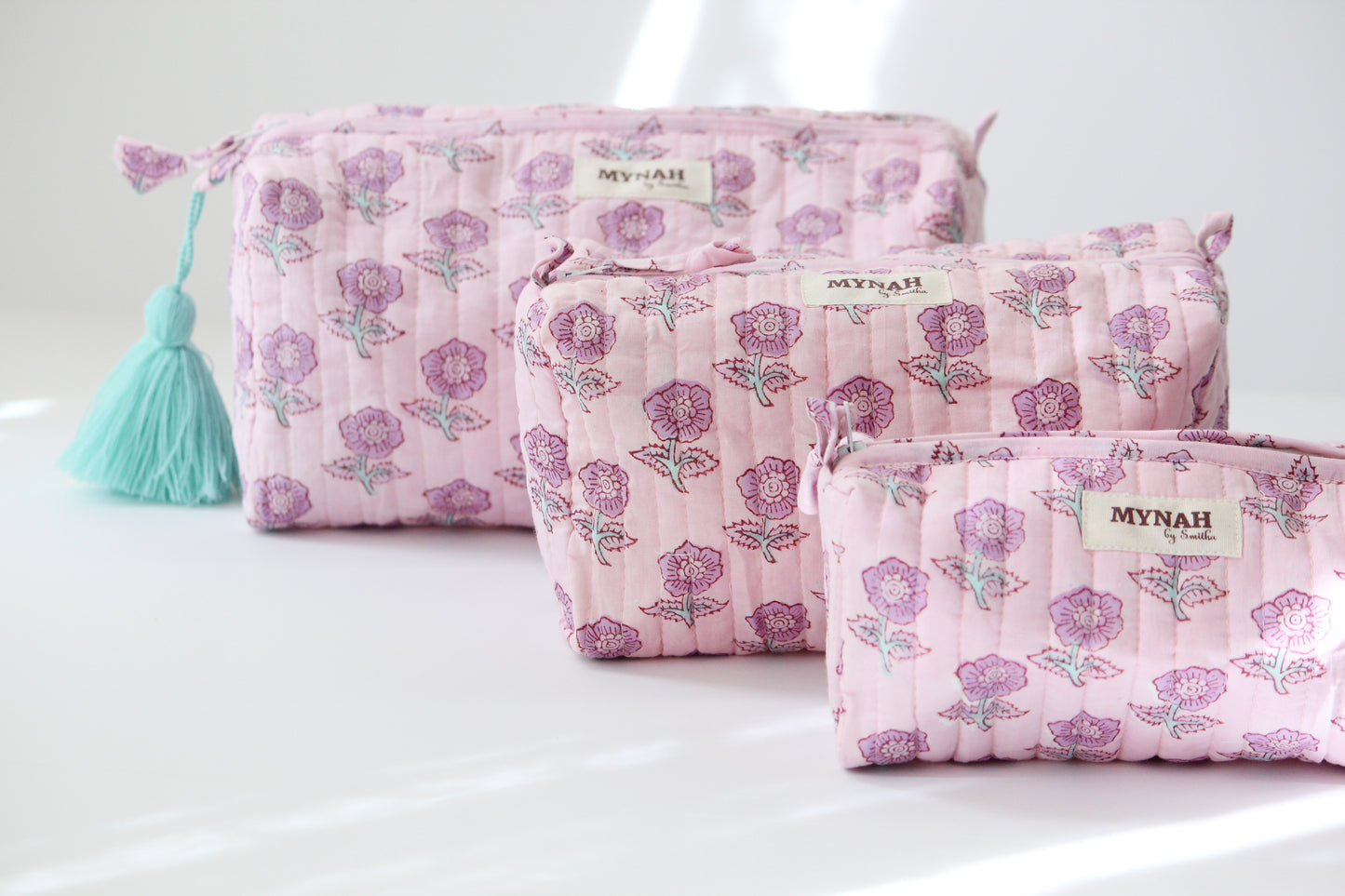 'Lavender floral motif' printed travel/makeup zipper pouch-set of 3
