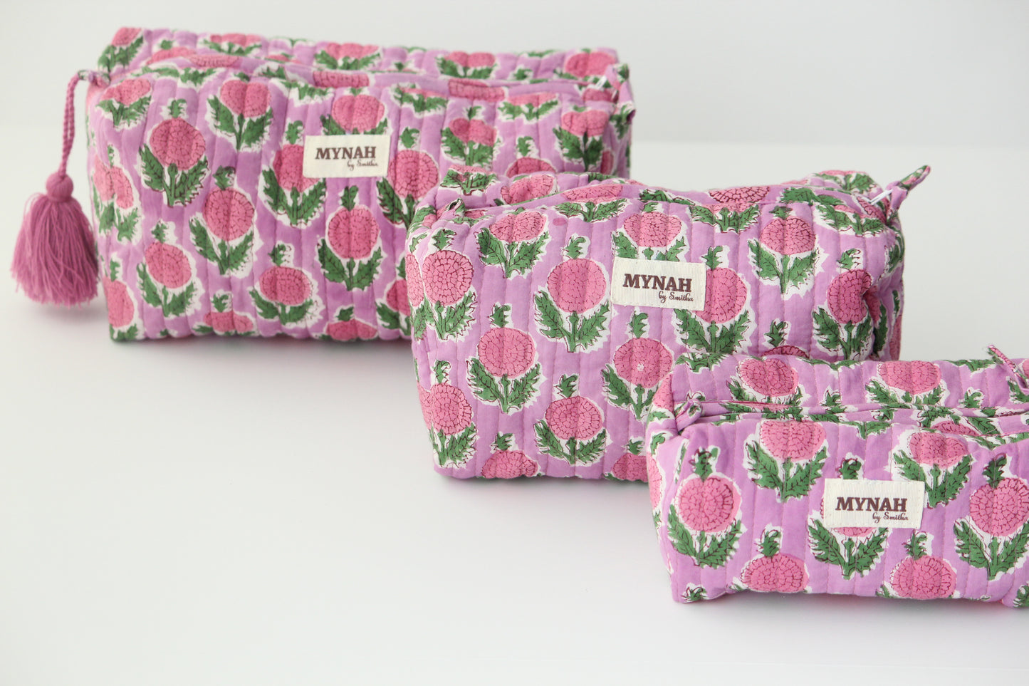'BERRY SMOOTHIE' hand block printed, quilted travel/makeup zipper pouch-LARGE only