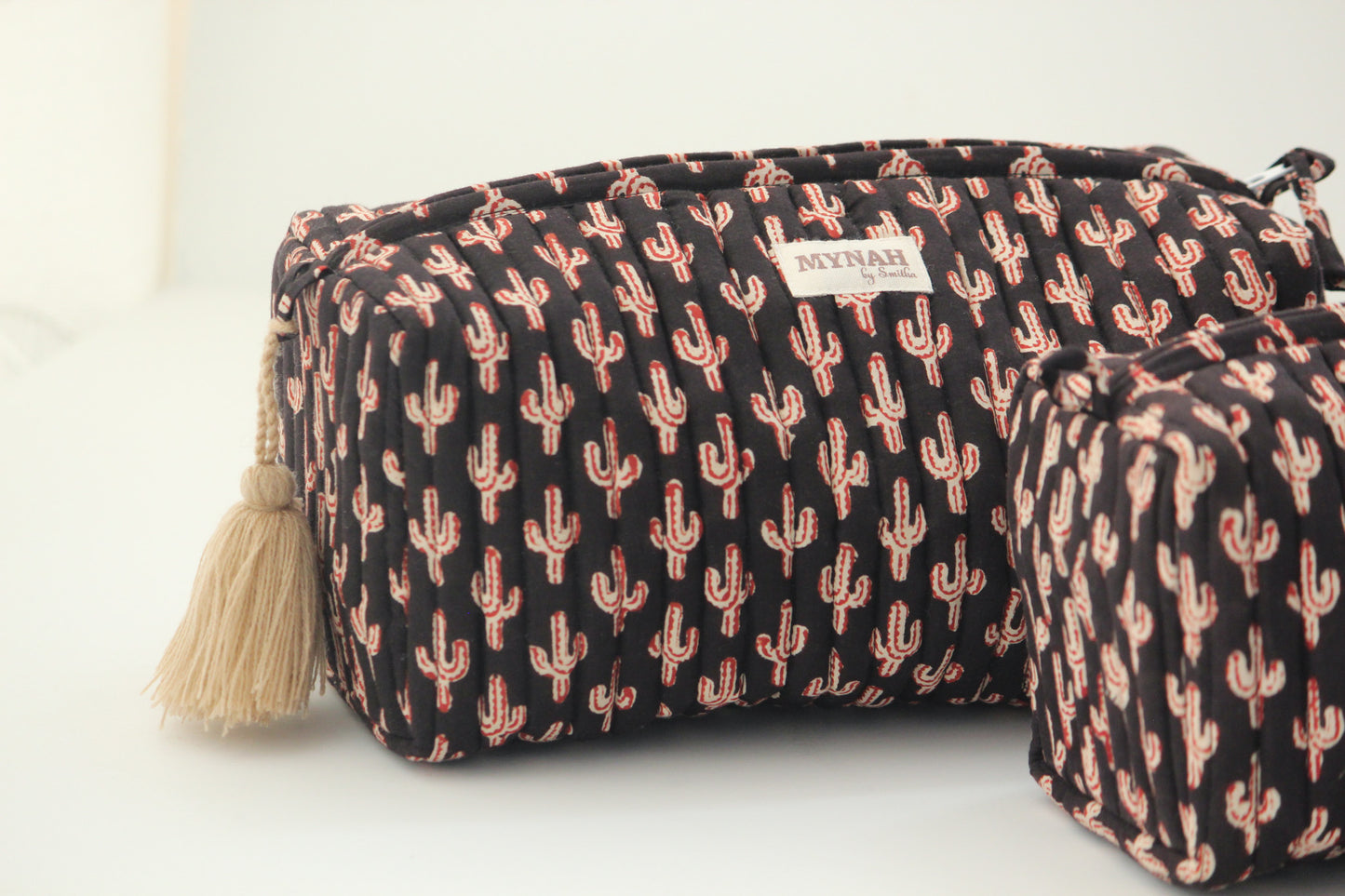 'BLACK CACTUS' printed travel/makeup zipper pouch-set of 3