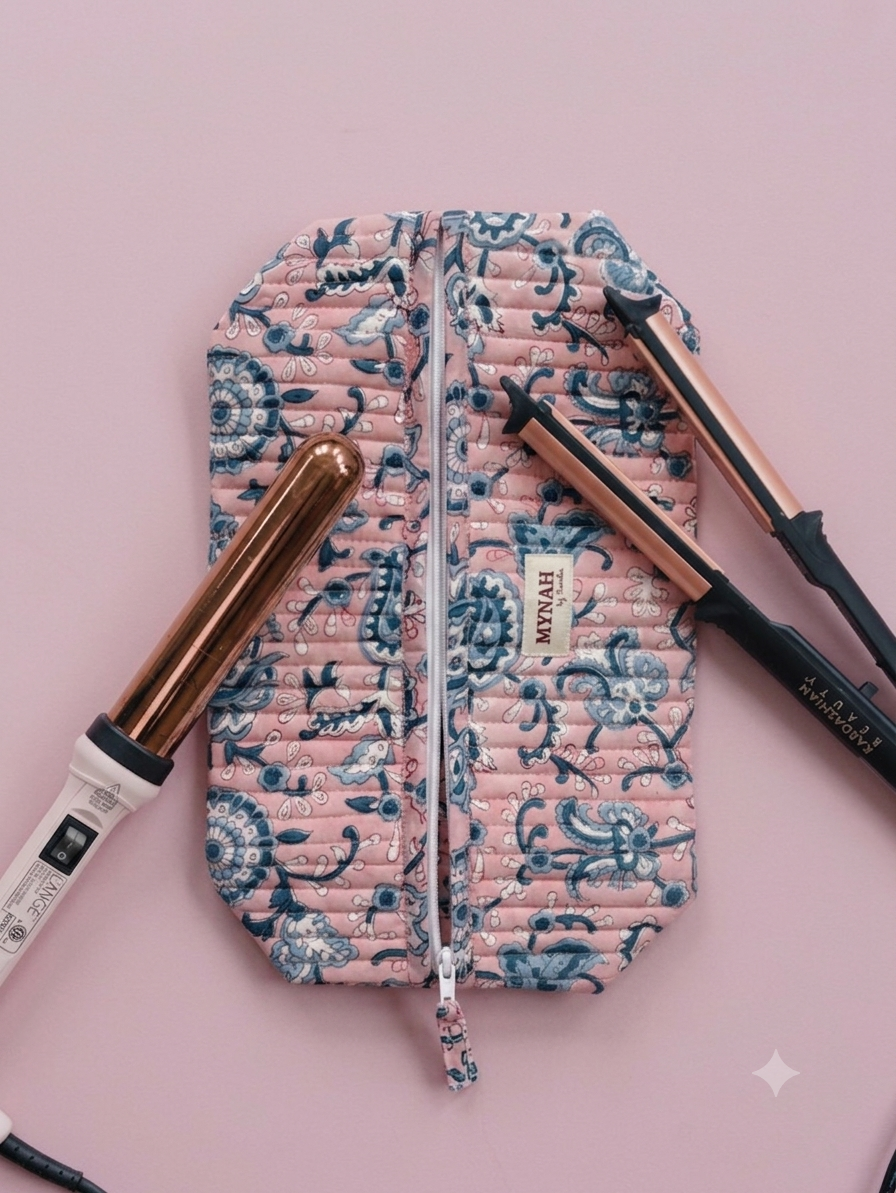 'DUSTY ROSE VINES' hand block print quilted hair tool bag/Dyson organizer