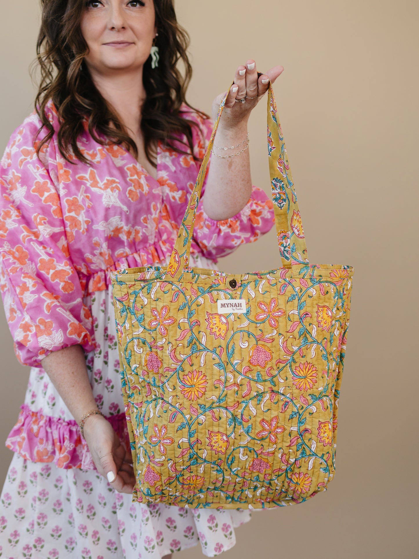 Henna motif floral print tote bag-Small compact laptop size