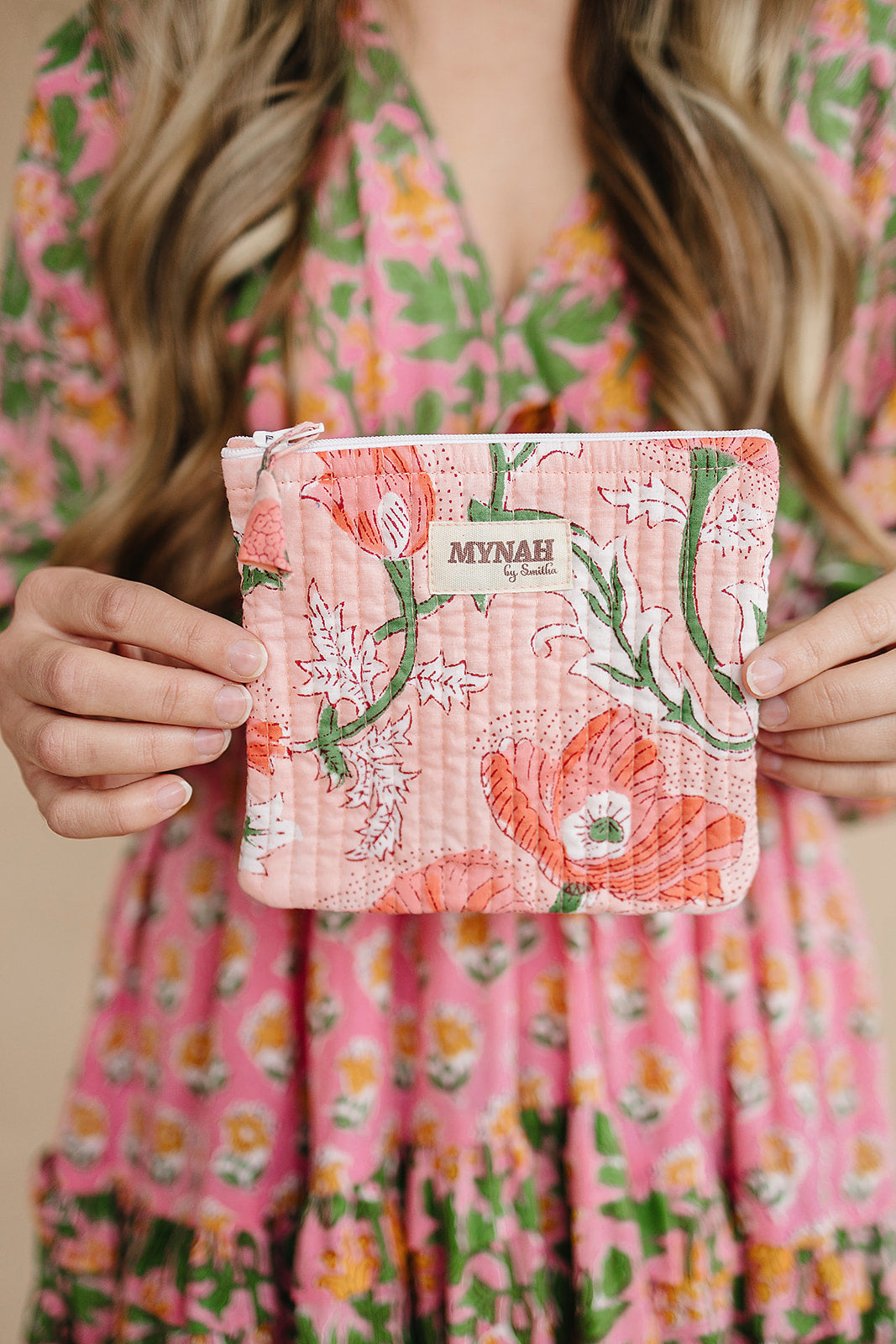 'Peach poppies' quilted coin pouch