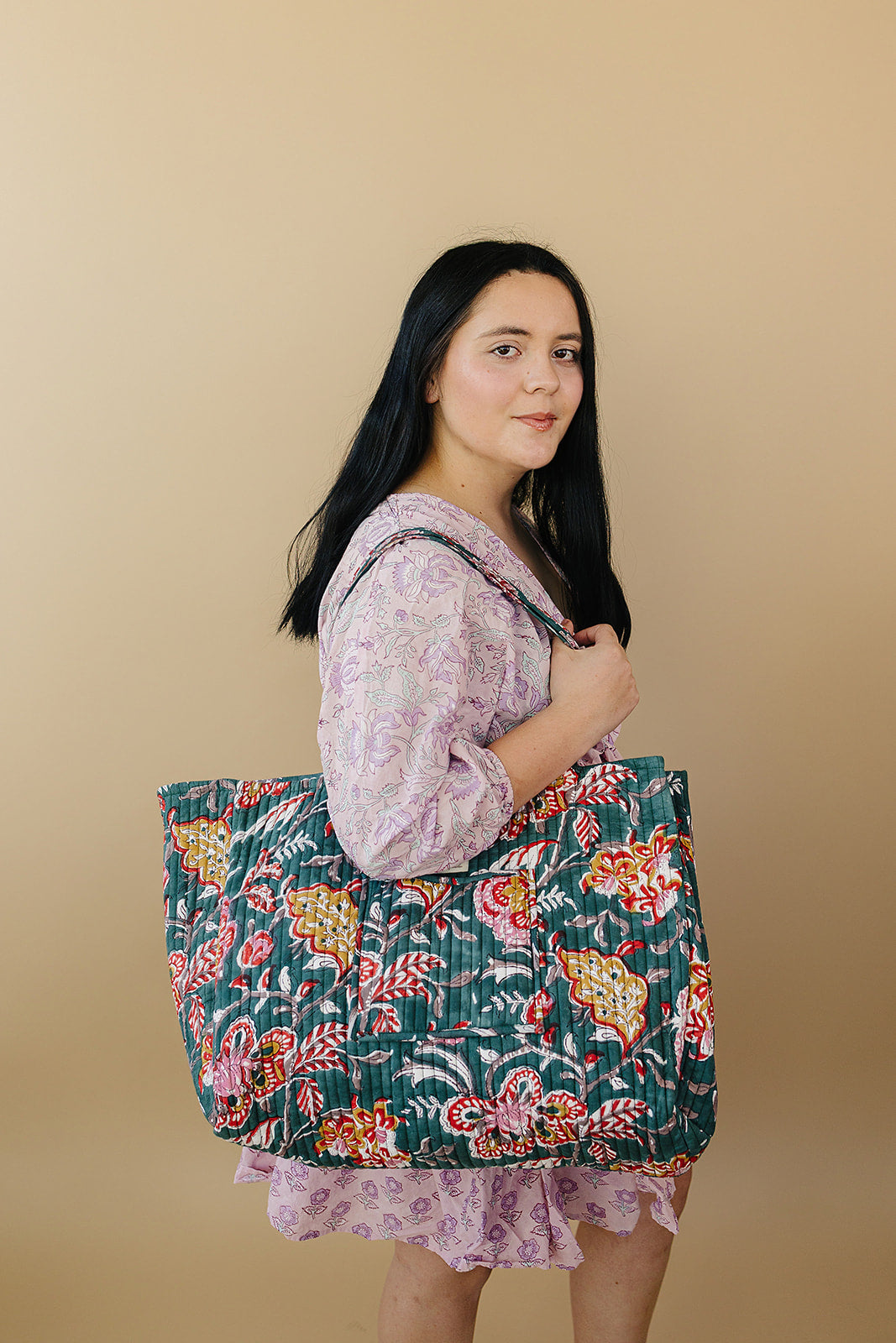 'EMERALD GARDEN' floral print reversible tote bag-Large beach tote