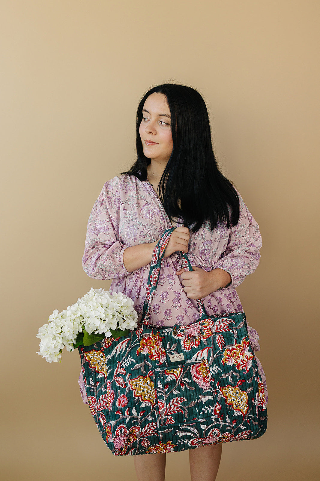 'EMERALD GARDEN' floral print reversible tote bag-Large beach tote