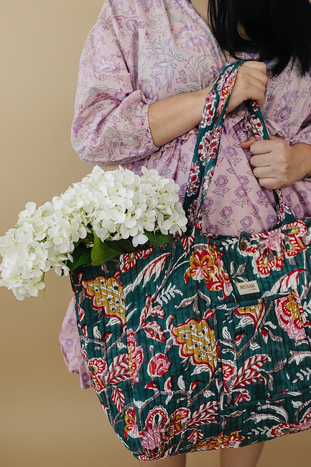 'EMERALD GARDEN' floral print reversible tote bag-Large beach tote
