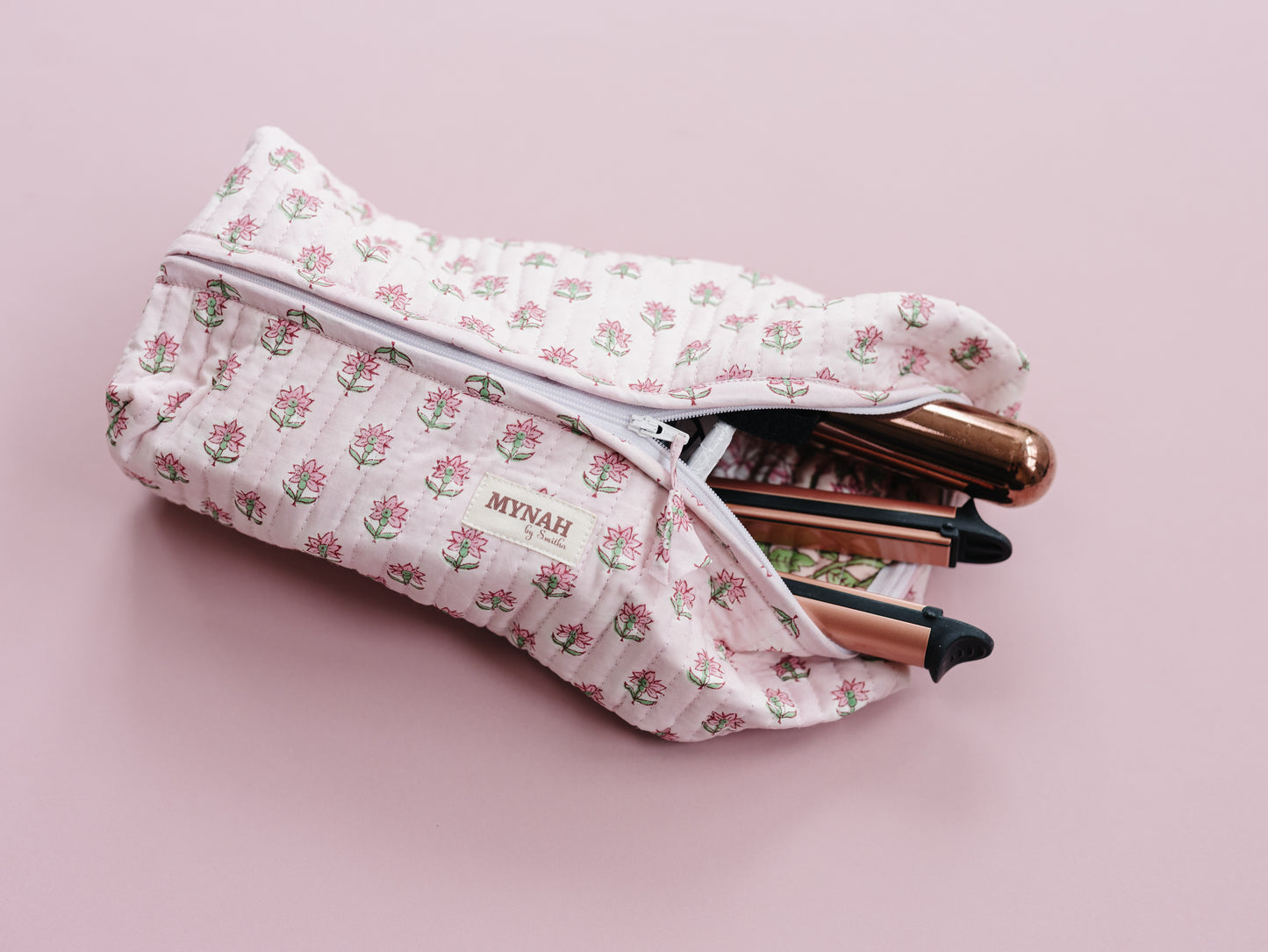 'ROSY MIST' hand block print quilted hair tool bag/Dyson organizer (Copy)