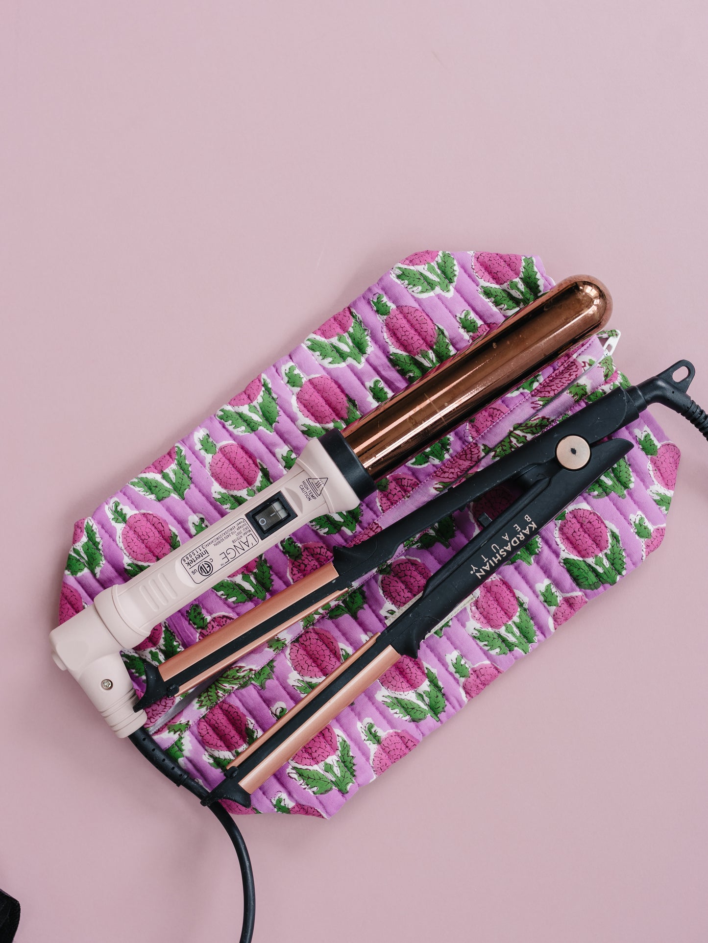 'BERRY SMOOTHIE' hand block print quilted hair tool bag/Dyson organizer