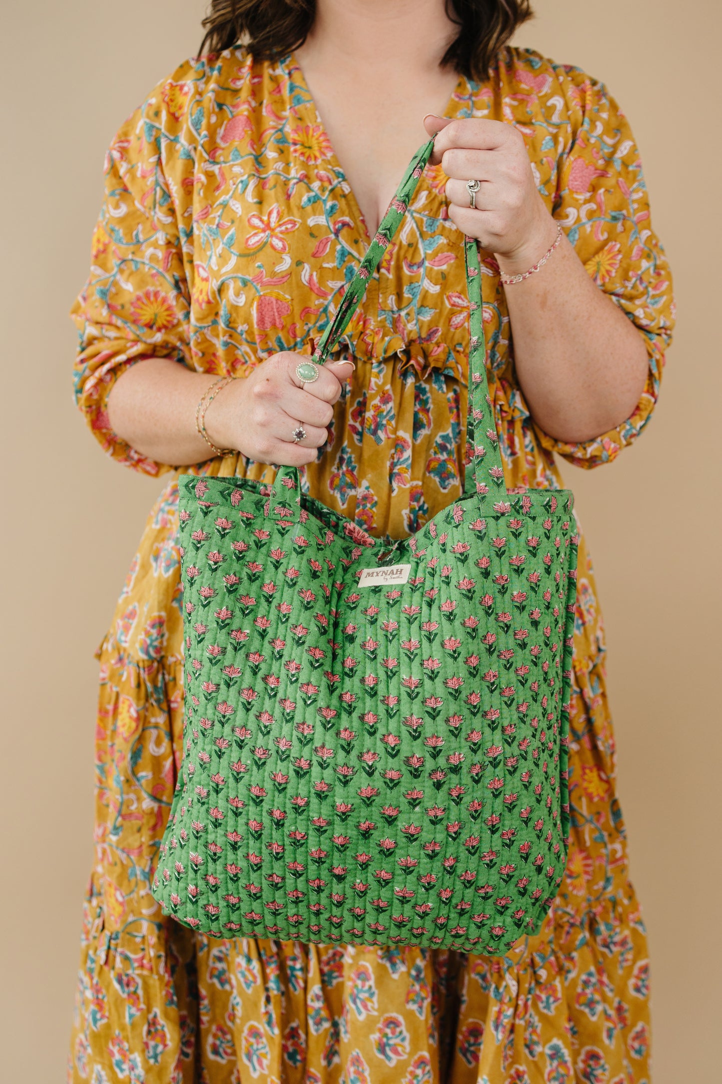 'Cactus Rose' laptop size floral print tote bag-Small