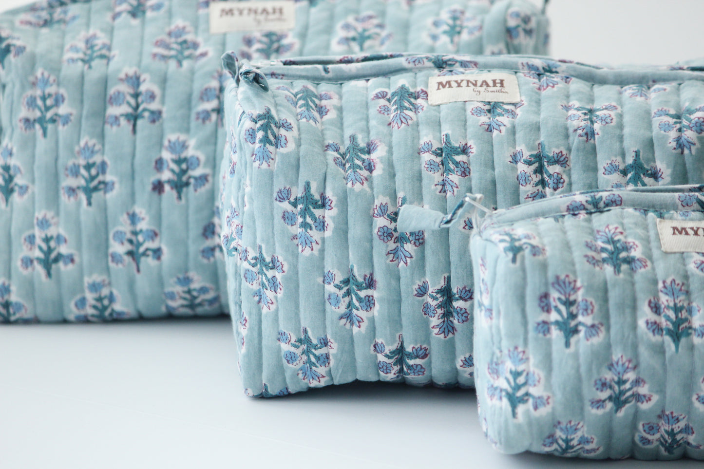 'DUSTY BLUE MOTIF' hand block printed quilted travel/makeup zipper pouch-set of 3
