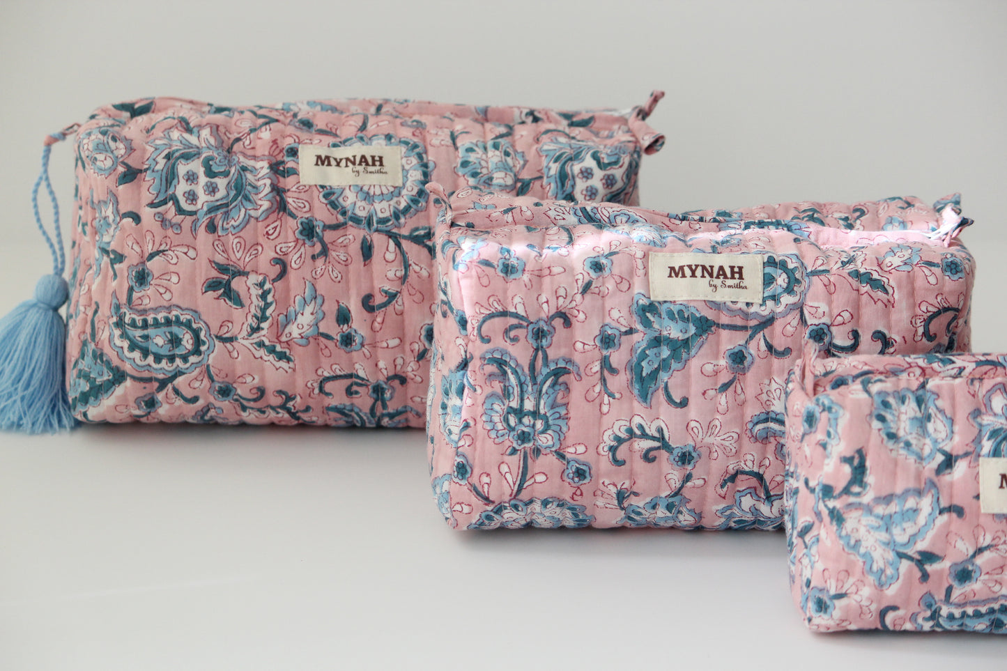 'DUSTY ROSE VINES' printed travel/makeup zipper pouch-set of 3