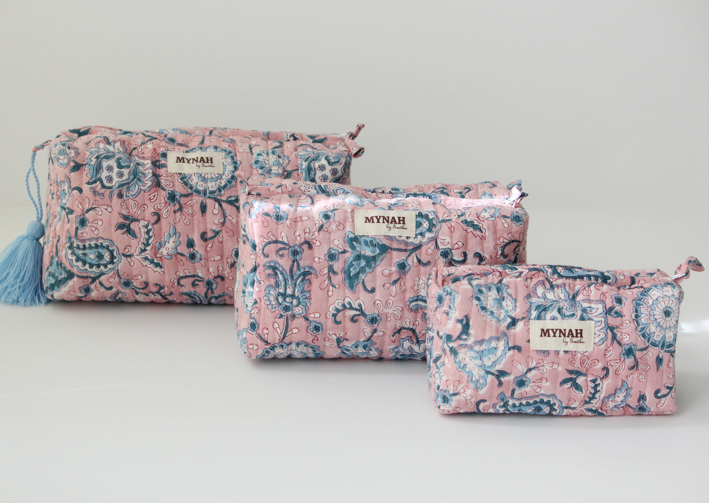 'DUSTY ROSE VINES' printed travel/makeup zipper pouch-set of 3
