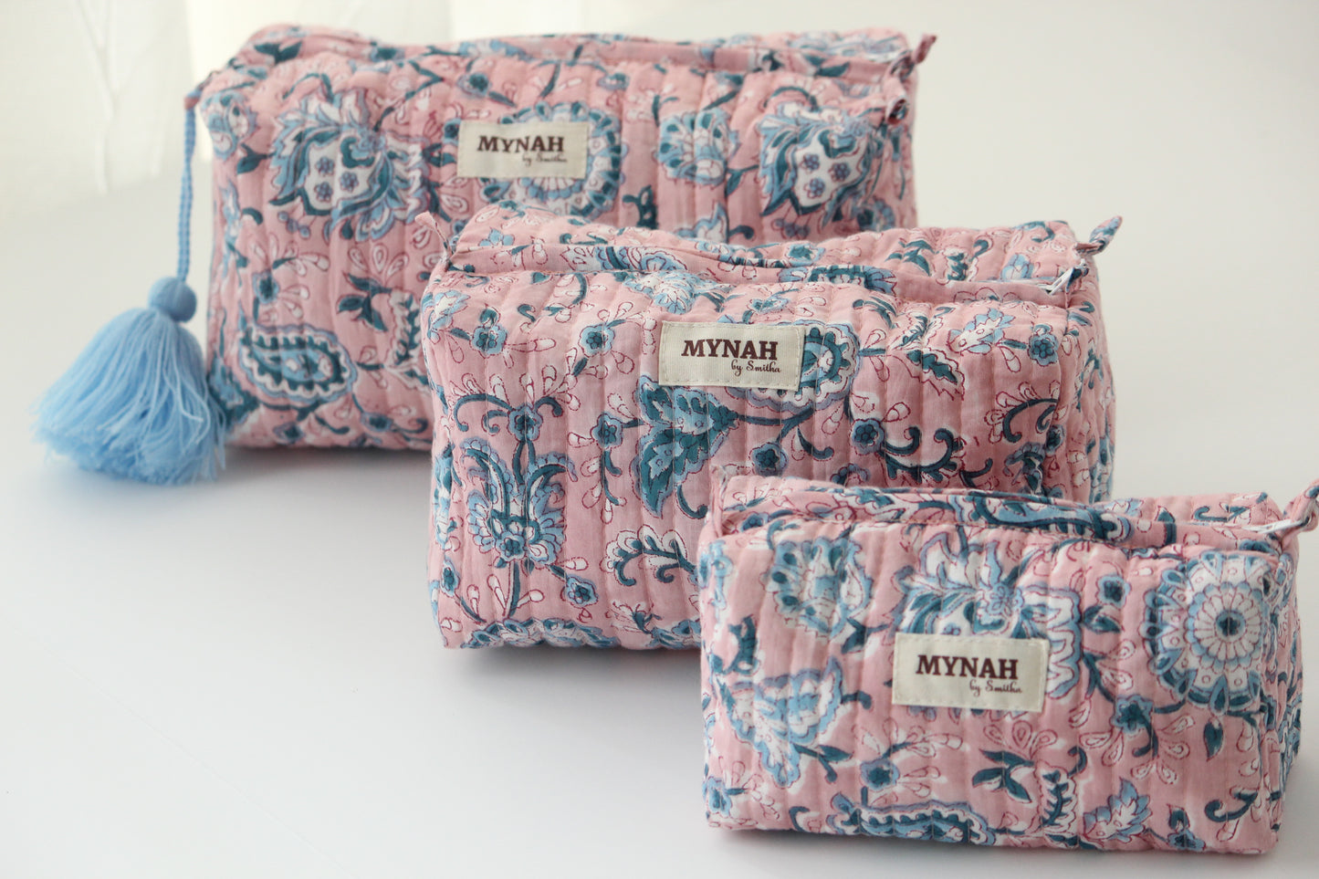 'DUSTY ROSE VINES' printed travel/makeup zipper pouch-set of 3