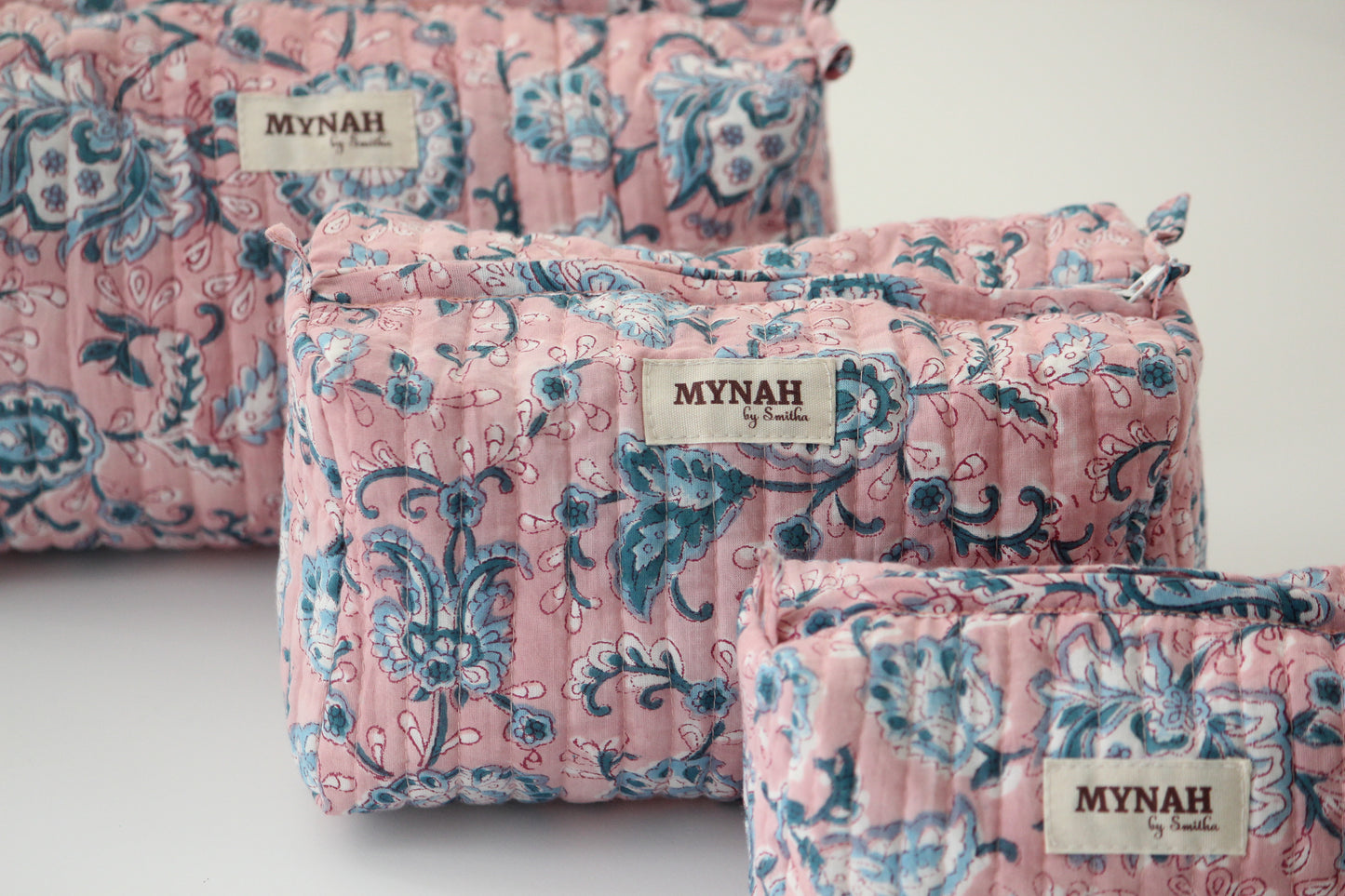 'DUSTY ROSE VINES' printed travel/makeup zipper pouch-set of 3