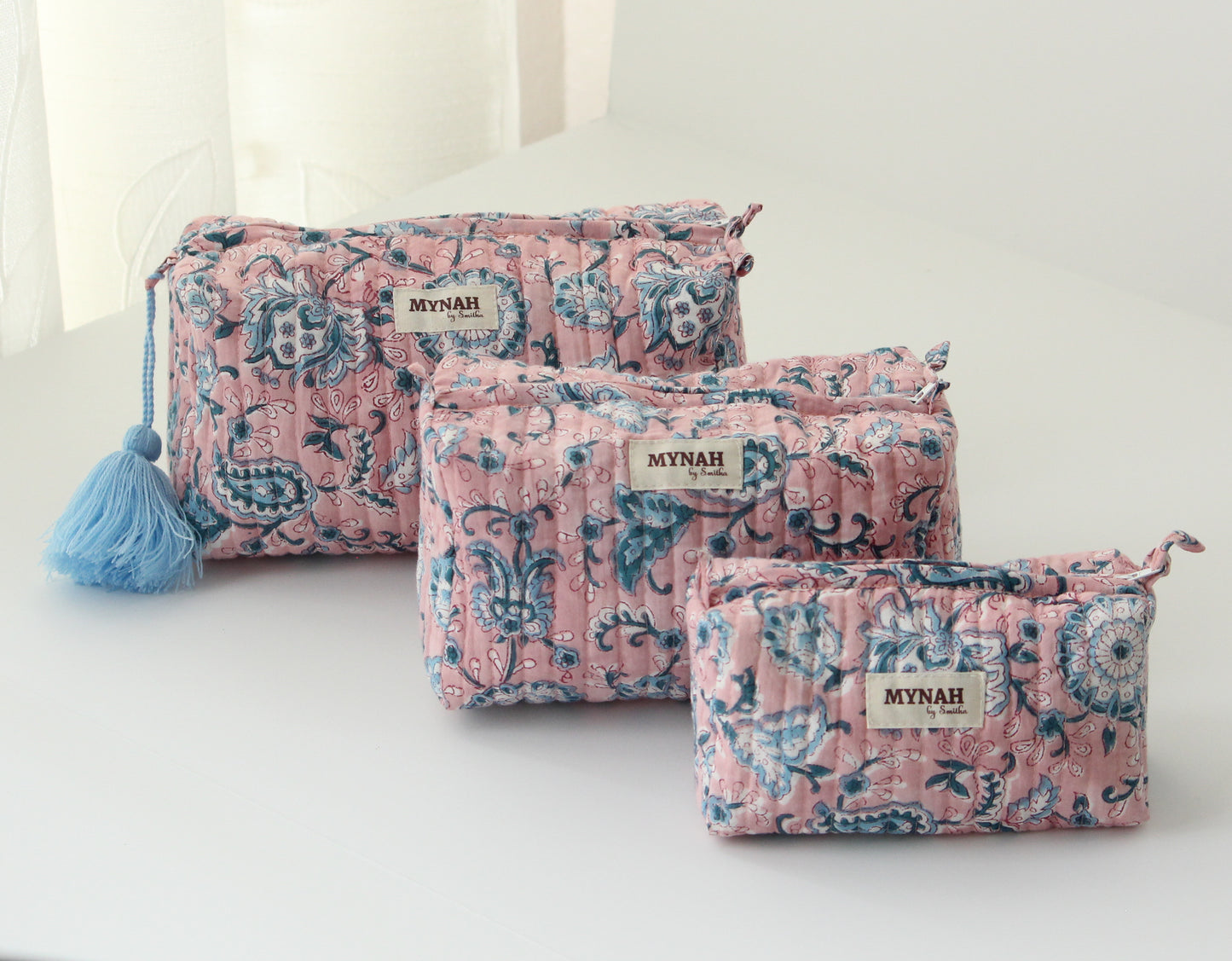 'DUSTY ROSE VINES' printed travel/makeup zipper pouch-set of 3