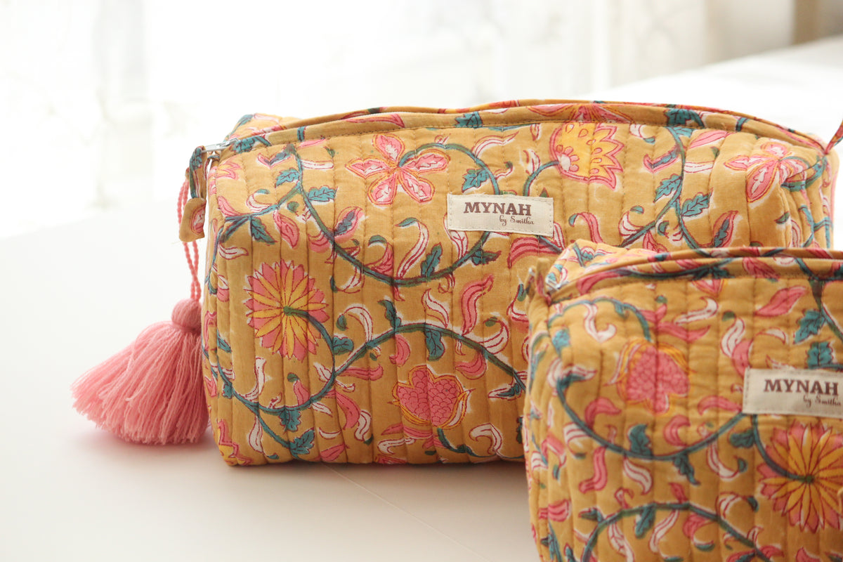 'HENNA VINES' hand block printed quilted makeup pouch-set of 3