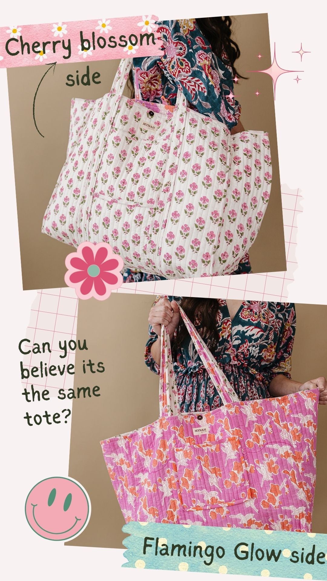 'FLAMINGO GLOW' floral print reversible tote bag-Large beach tote