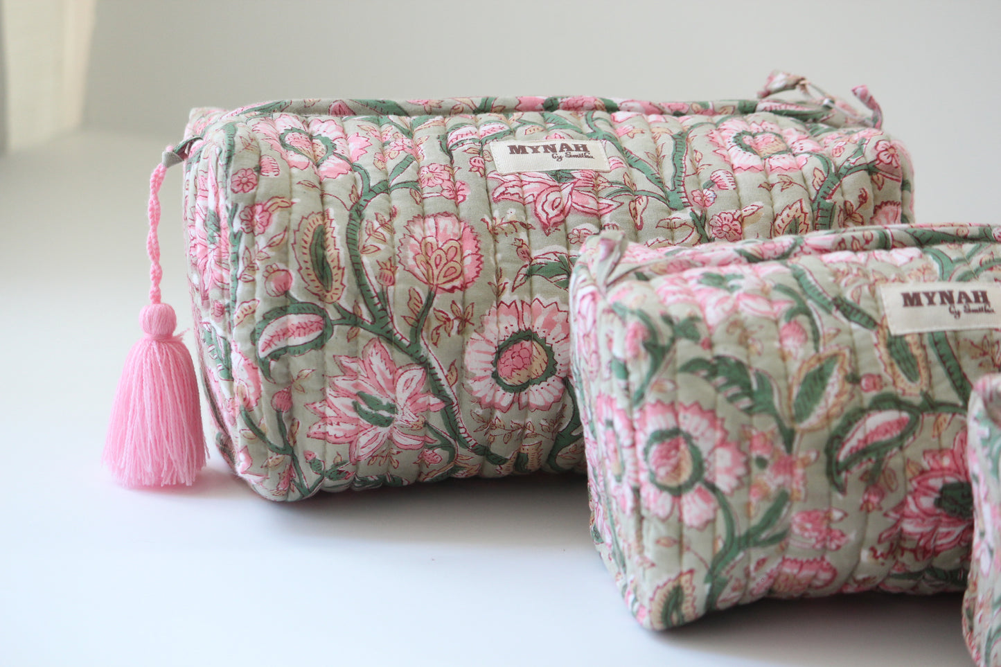 'PISTACHIO LOTUS ' printed travel/makeup zipper pouch-set of 3