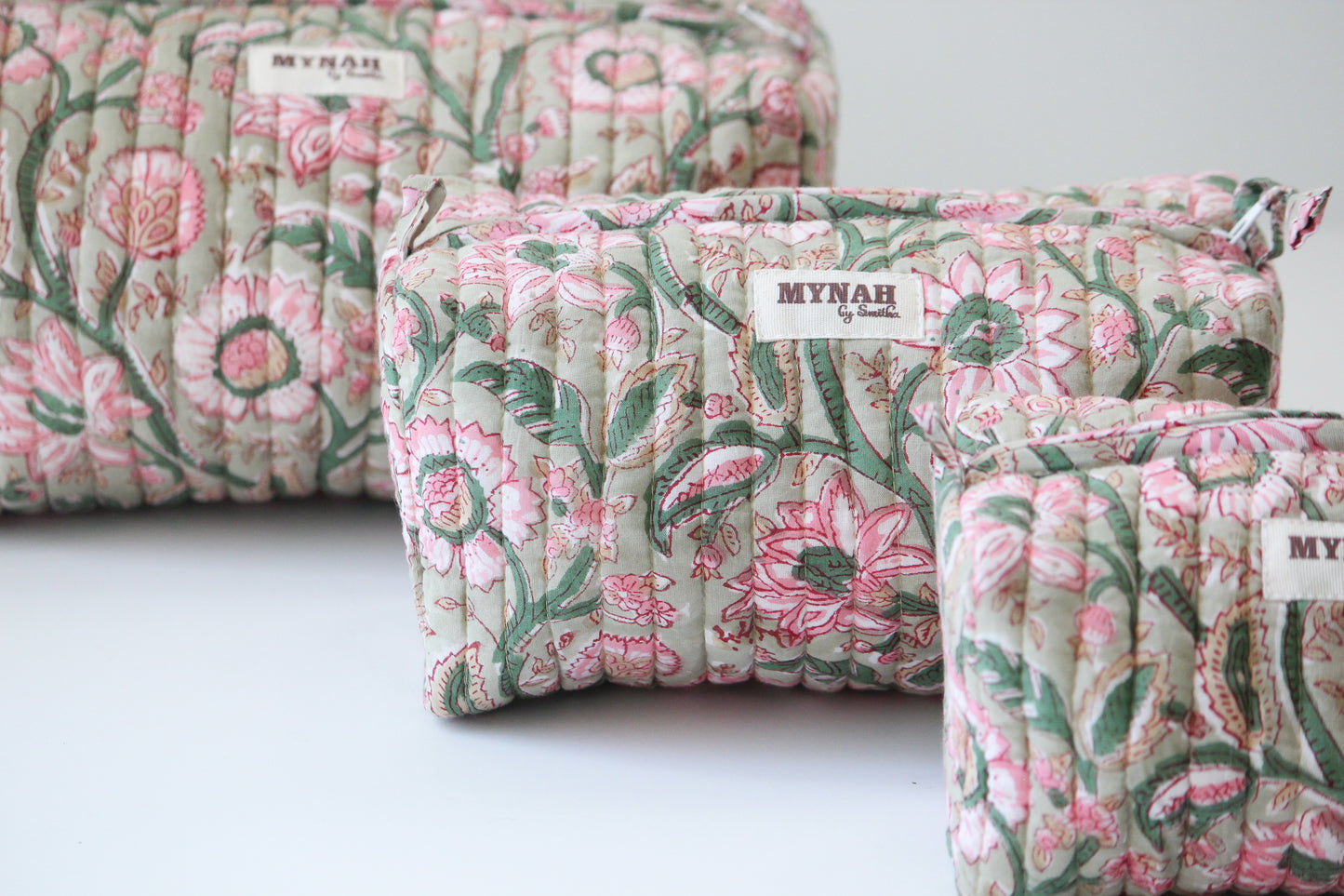 'PISTACHIO LOTUS ' printed travel/makeup zipper pouch-set of 3