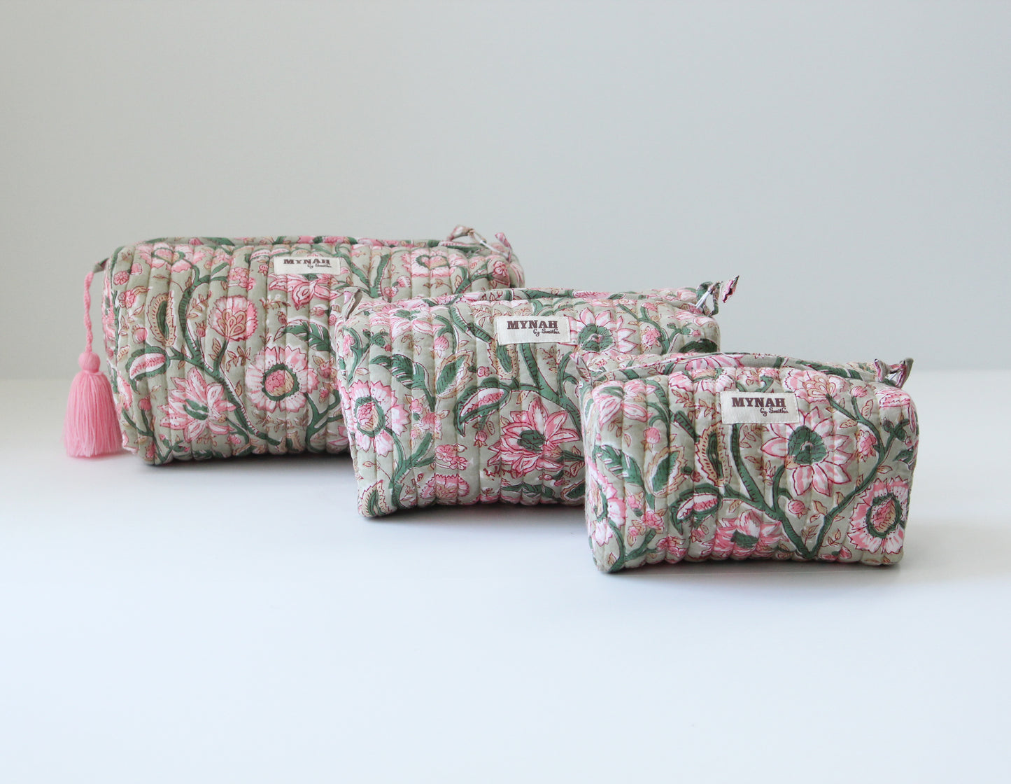'PISTACHIO LOTUS ' printed travel/makeup zipper pouch-set of 3