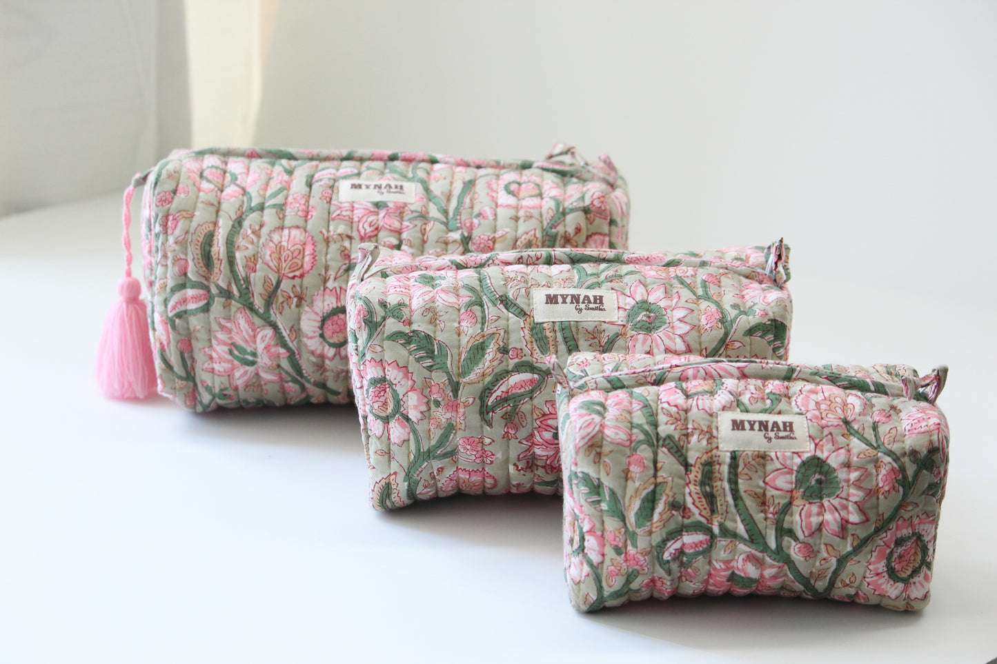 'PISTACHIO LOTUS ' printed travel/makeup zipper pouch-set of 3