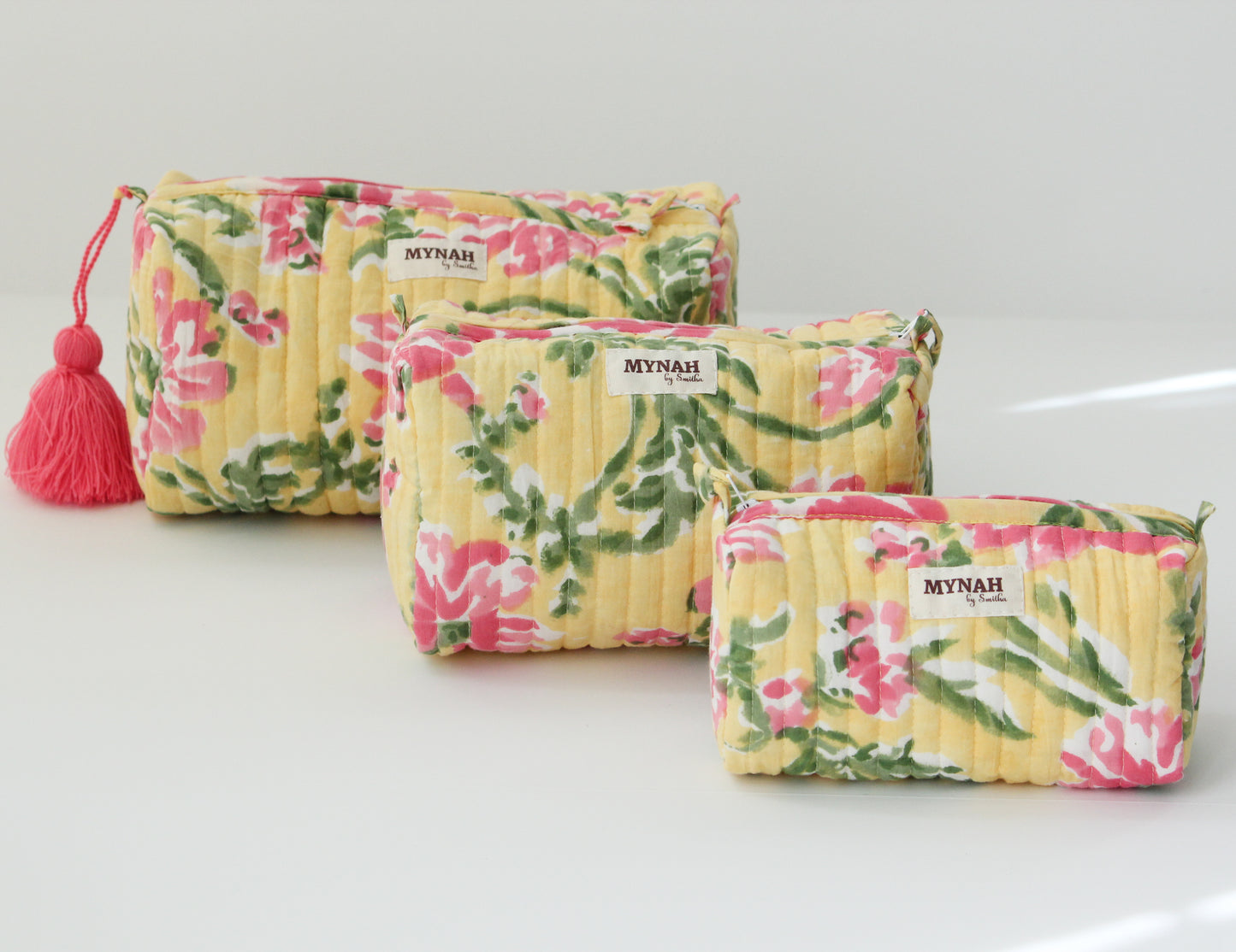 'SUMMER CAMELLIAS' printed travel/makeup zipper pouch-set of 3
