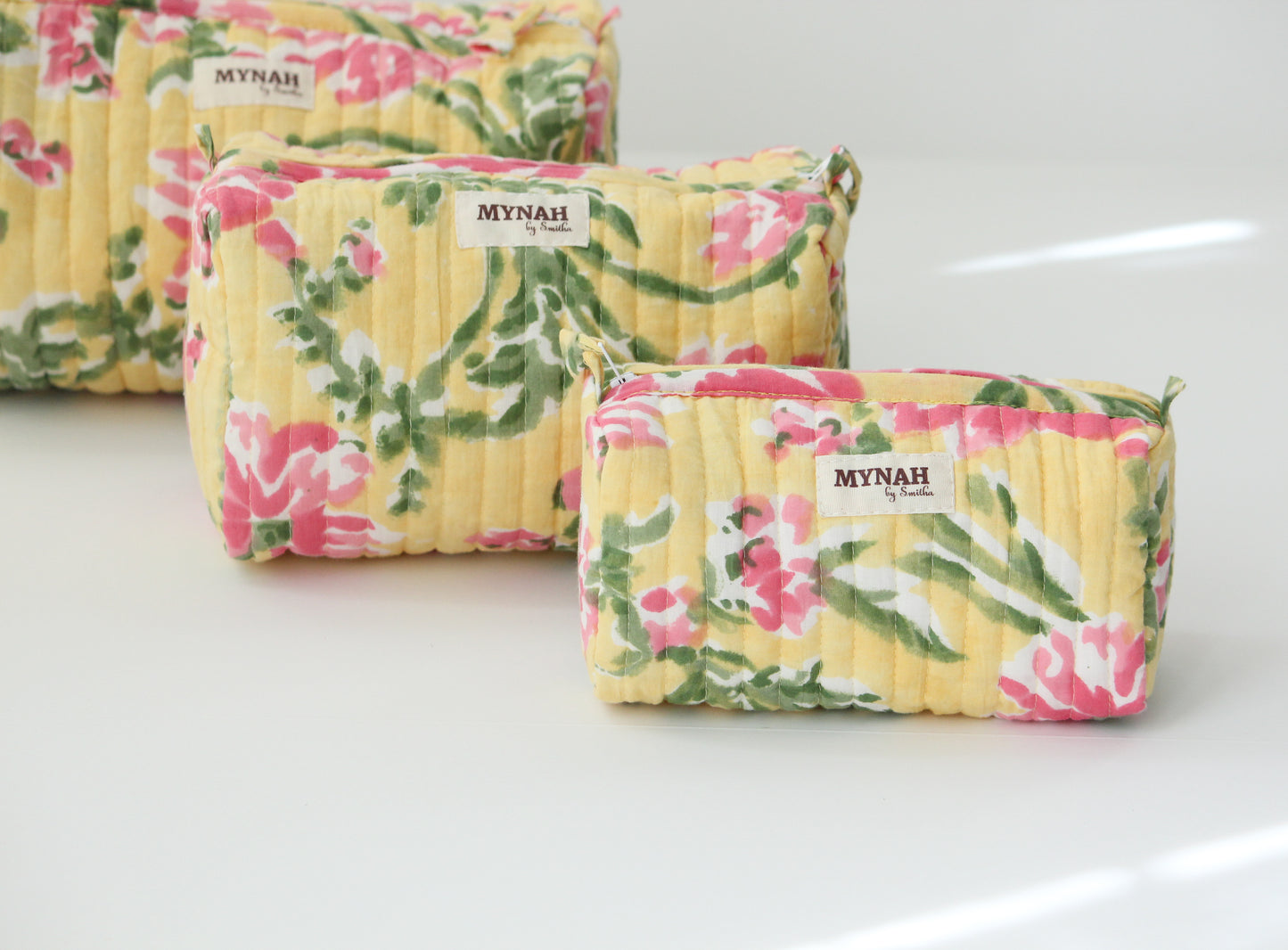 'SUMMER CAMELLIAS' printed travel/makeup zipper pouch-set of 3