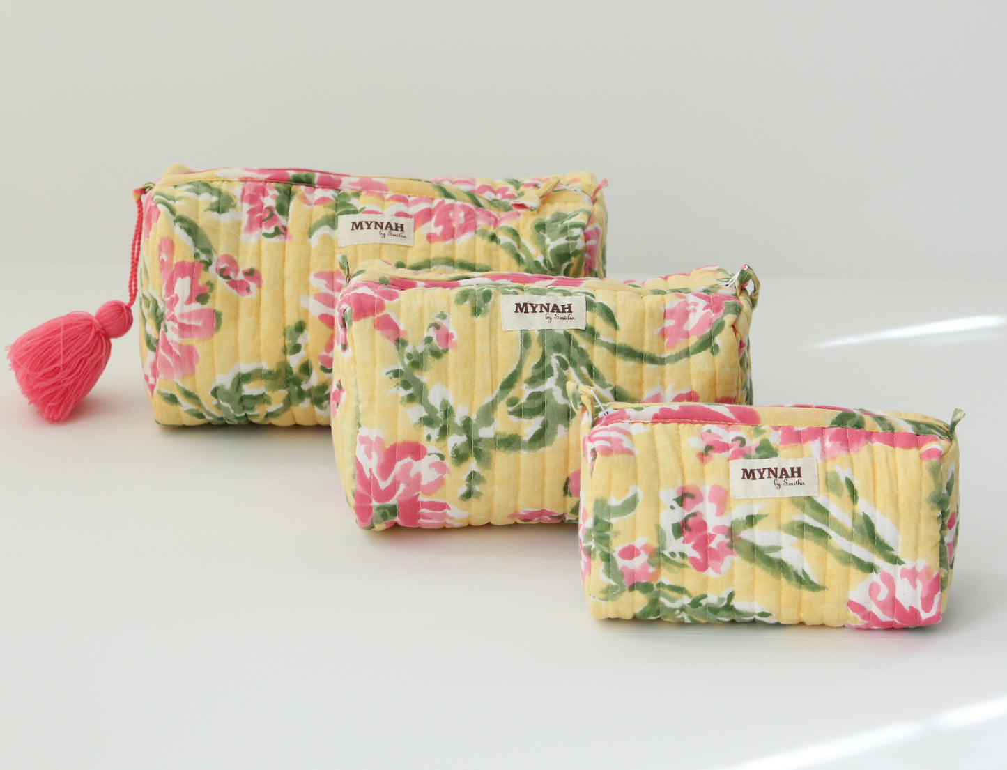 'SUMMER CAMELLIAS' printed travel/makeup zipper pouch-set of 3