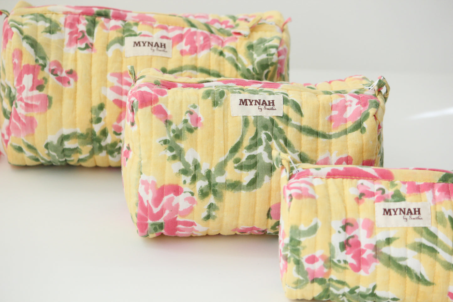 'SUMMER CAMELLIAS' printed travel/makeup zipper pouch-set of 3