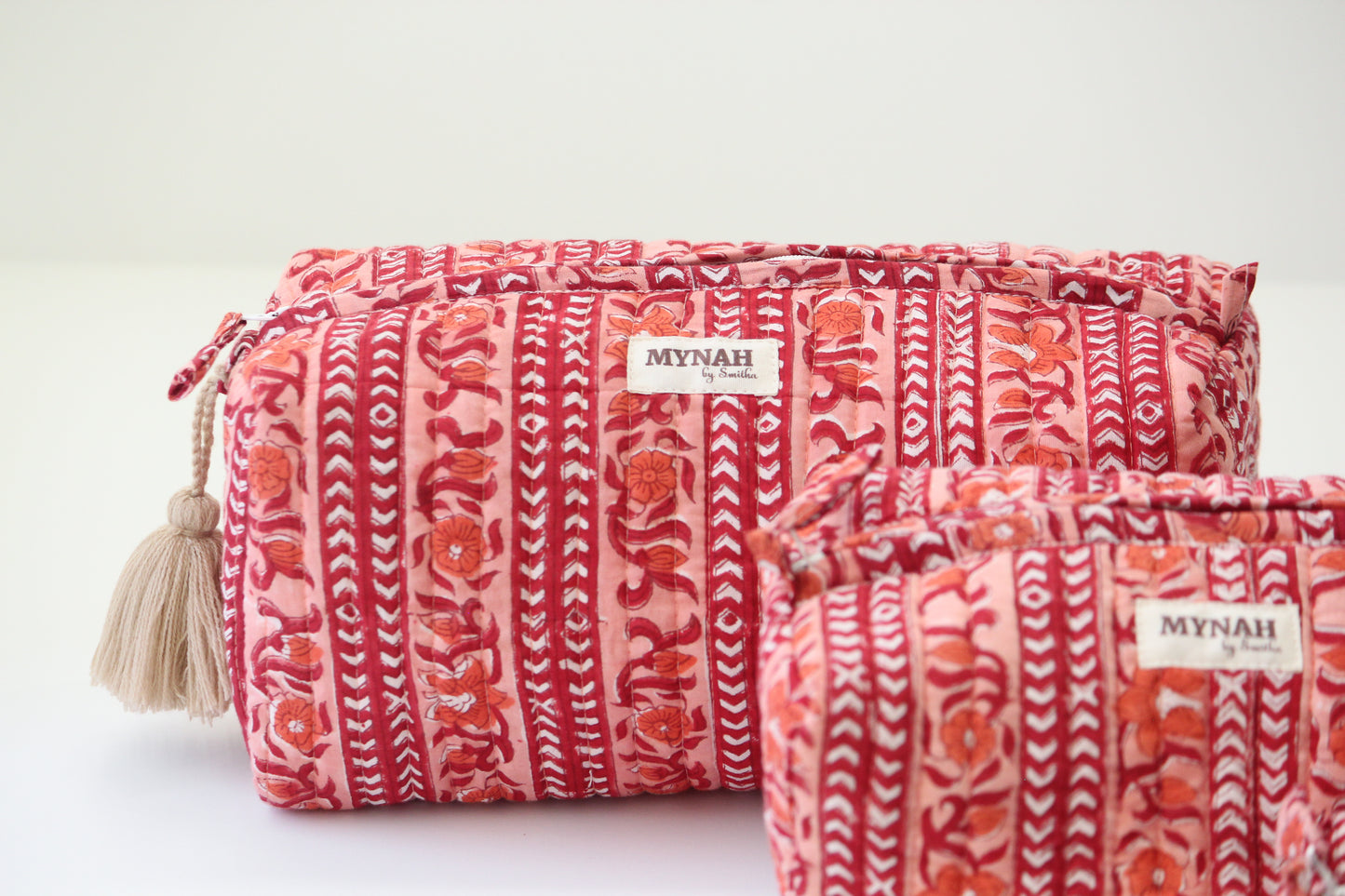 'TERRACOTTA STRIPES' hand block printed, quilted travel/makeup zipper pouch-LARGE only