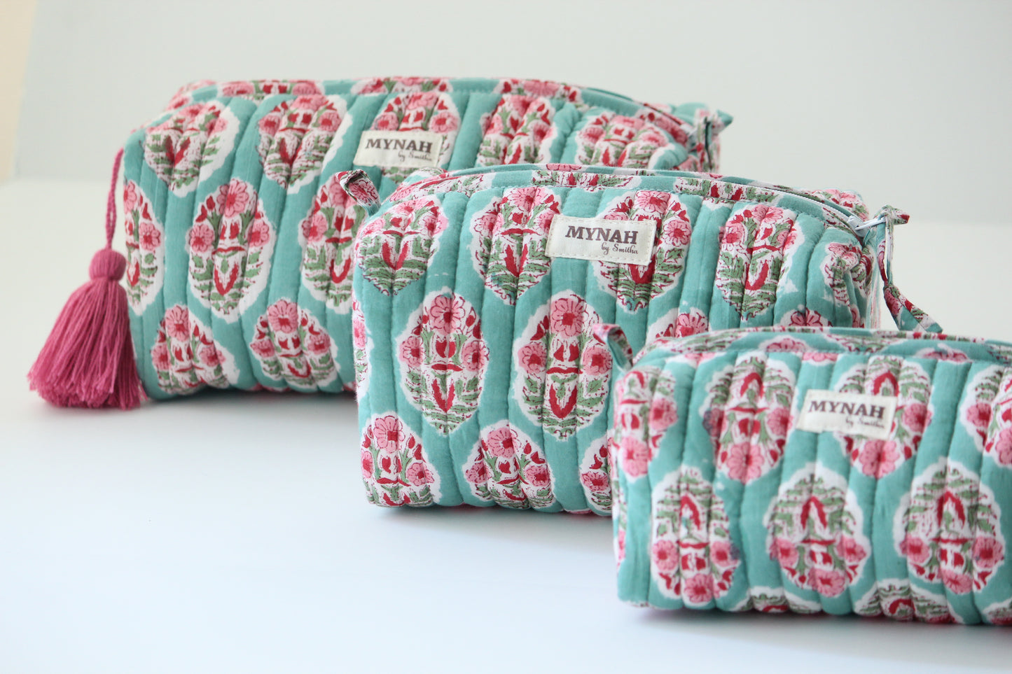 'TURQUOISE BOUQUET' hand block printed quilted travel/makeup zipper pouch-set of 3