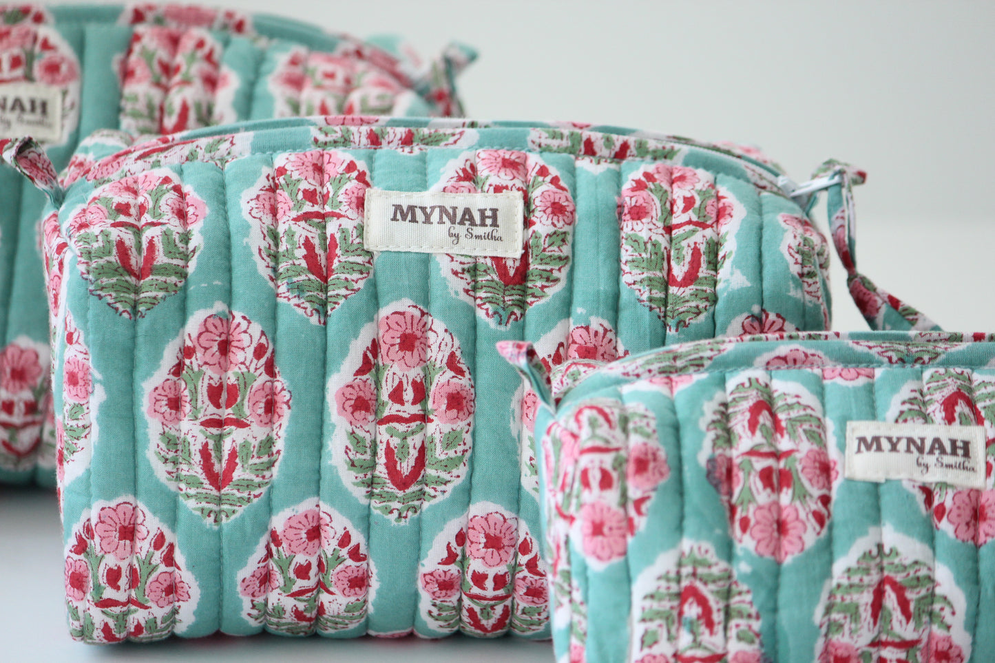 'TURQUOISE BOUQUET' hand block printed, quilted travel/makeup zipper pouch-LARGE only