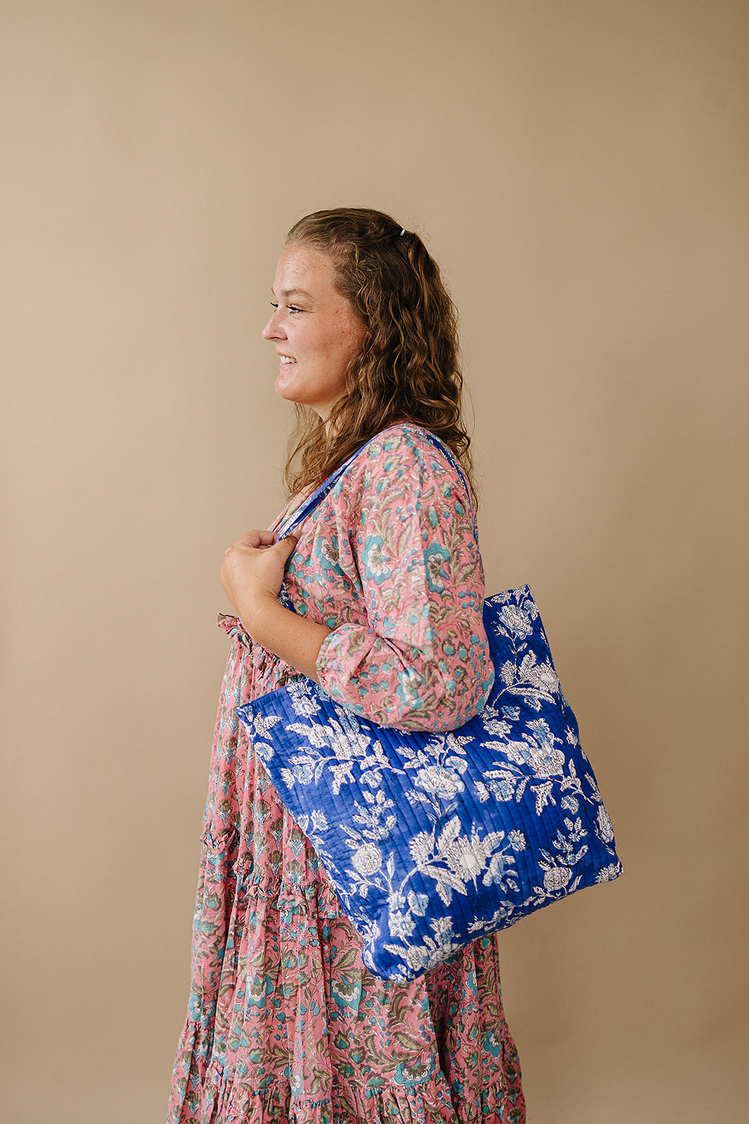 ‘Denim Dreams’ floral print tote bag-Mini laptop size