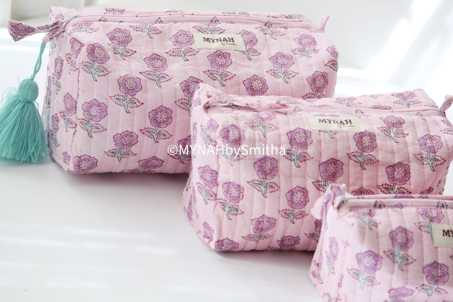'Lavender floral motif' printed travel/makeup zipper pouch-set of 3