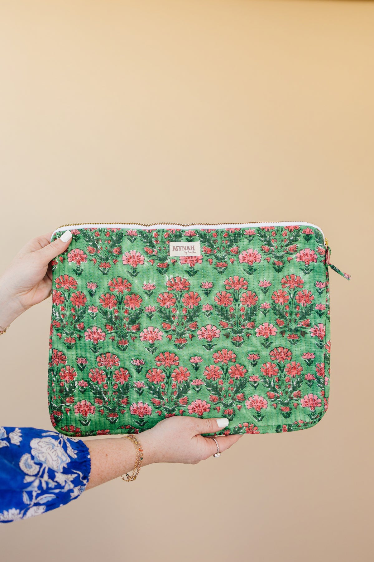 Laptop case-quilted hand block print Cactus Rose print