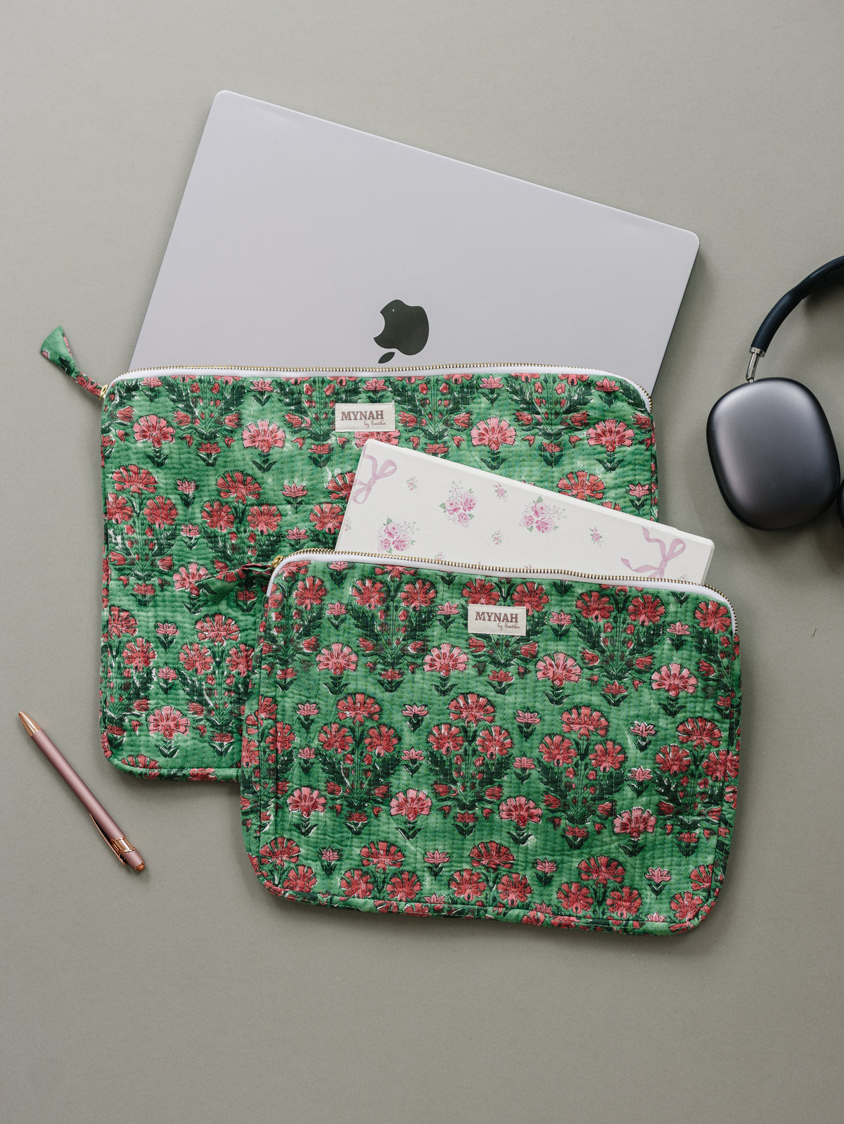 Laptop case-quilted hand block print Cactus Rose print