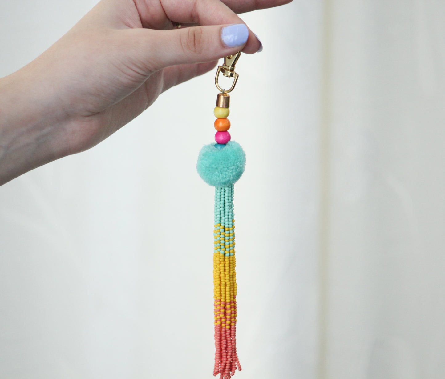 Aqua Tassel key chain-pompom with ombre beaded key chain and gold hook