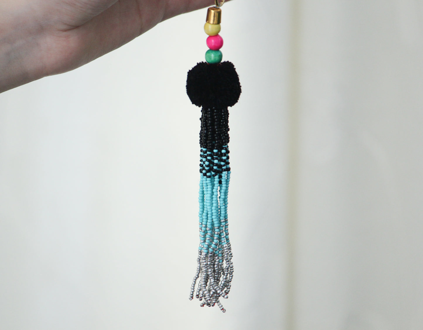 Black blue Tassel key chain-pompom with ombre beaded key chain and gold hook