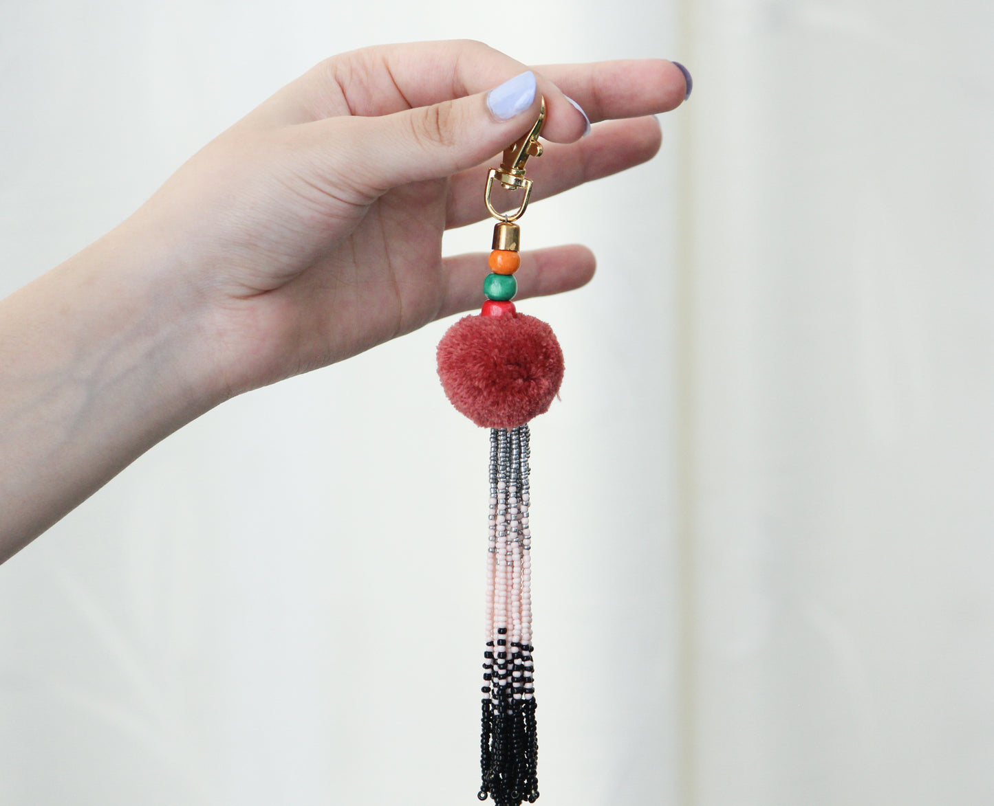 Umber and blush tassel key chain-pompom with ombre beaded key chain and gold hook