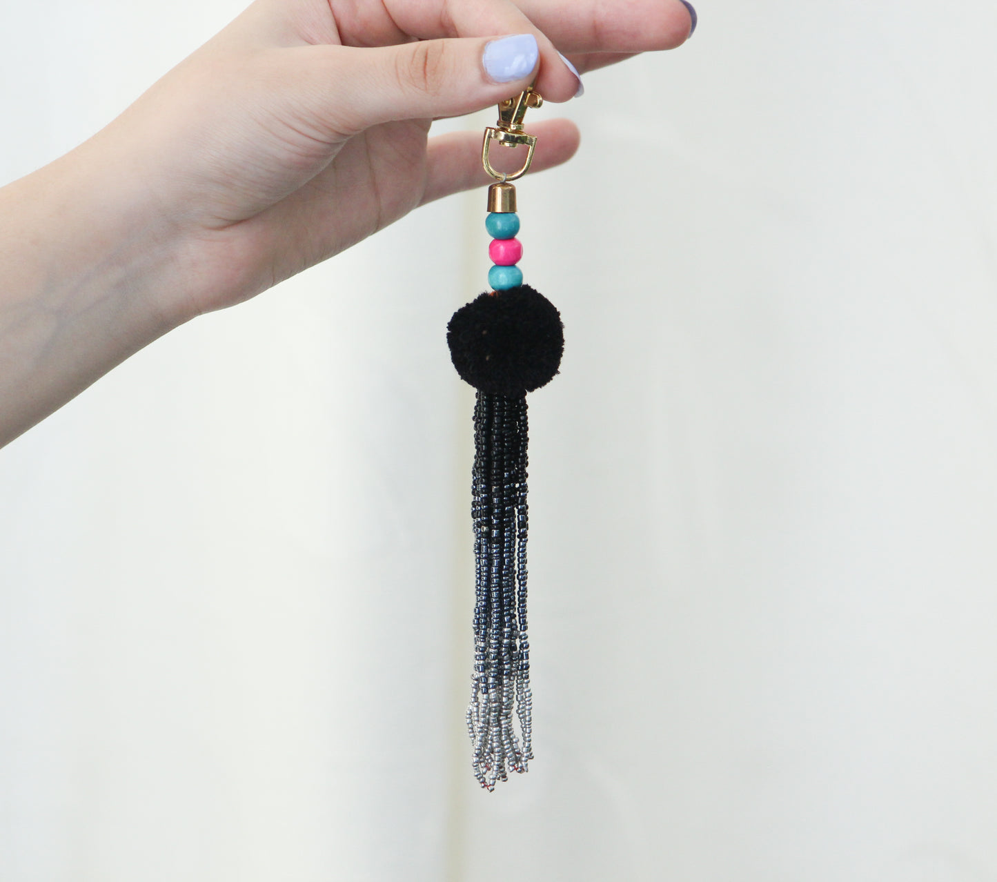 Black Tassel key chain-pompom with ombre beaded key chain and gold hook