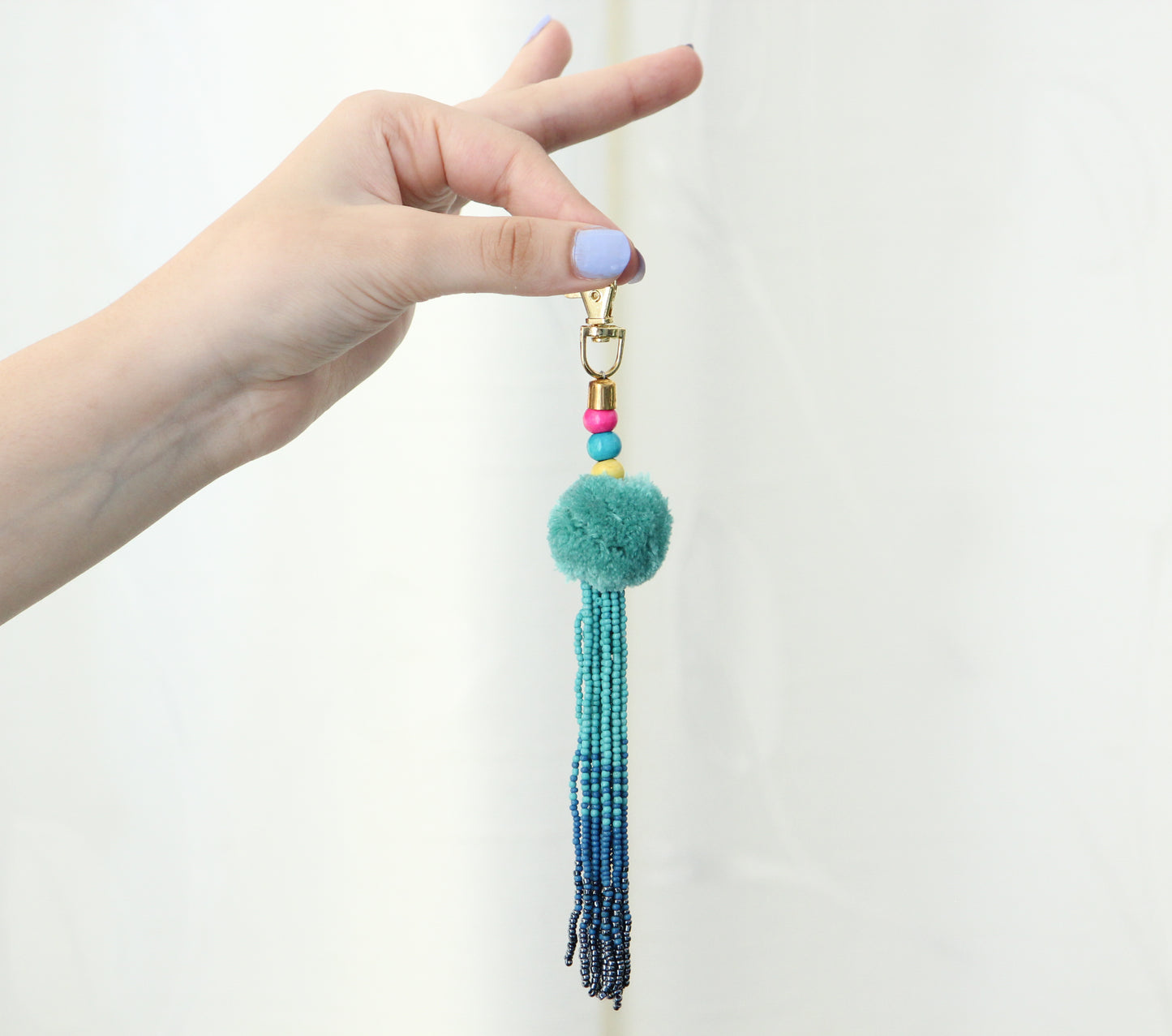 Blue and silver tassel key chain-pompom with ombre beaded key chain and gold hook