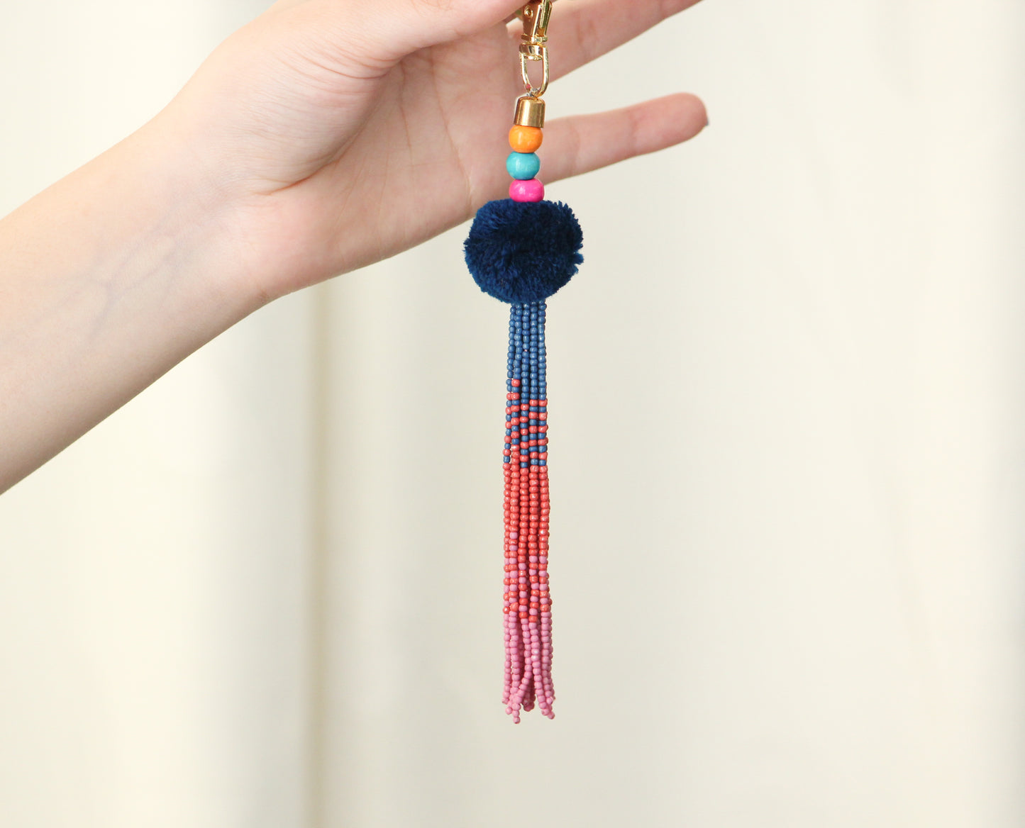 Cobalt Tassel key chain-pompom with ombre beaded key chain and gold hook