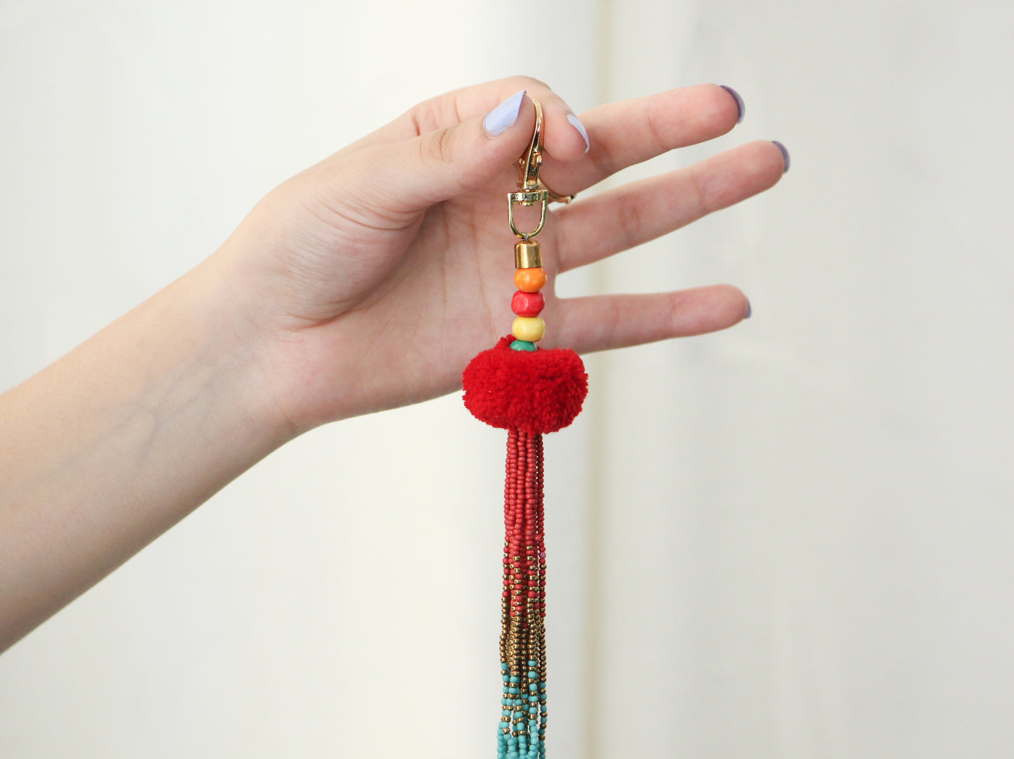 Red Tassel key chain-pompom with ombre beaded key chain and gold hook