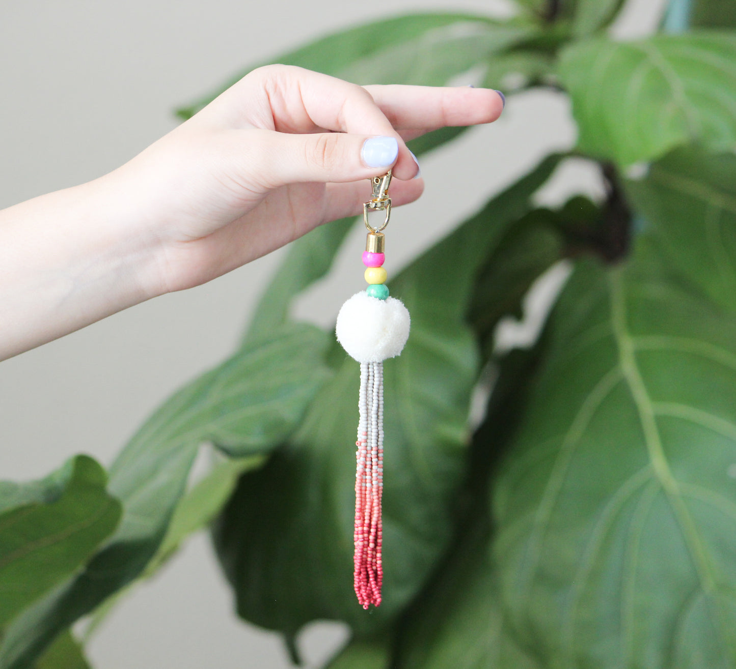 Blush Tassel key chain-pompom with ombre beaded key chain and gold hook