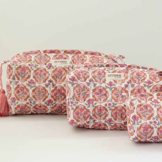 'APRICOT BLUSH' printed travel/makeup zipper pouch-set of 3