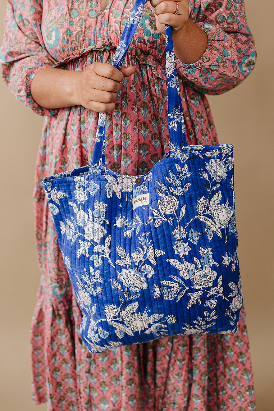 ‘Denim Dreams’ floral print tote bag-Mini laptop size
