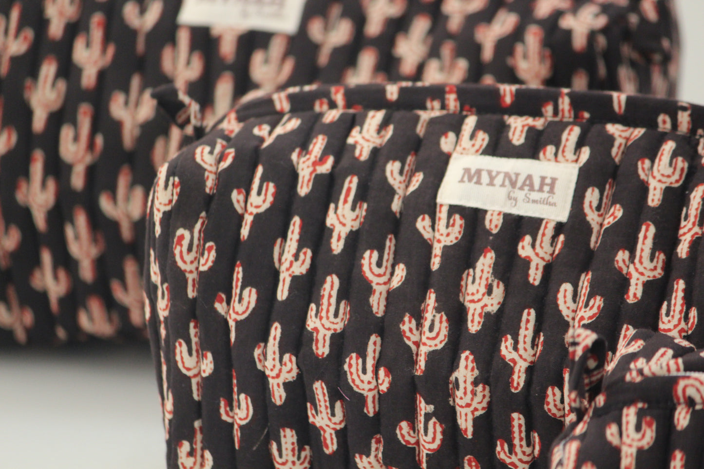 'BLACK CACTUS' printed travel/makeup zipper pouch-set of 3