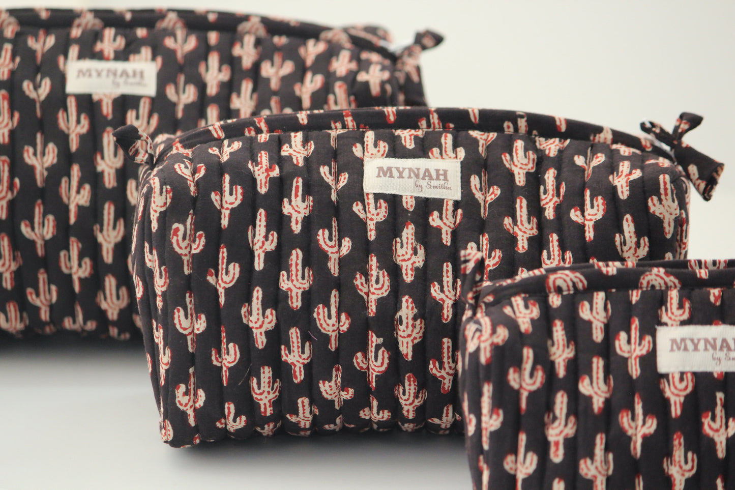 'BLACK CACTUS' printed travel/makeup zipper pouch-set of 3