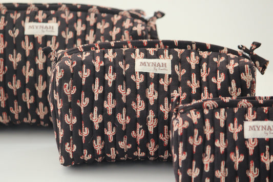 'BLACK CACTUS' printed travel/makeup zipper pouch-set of 3