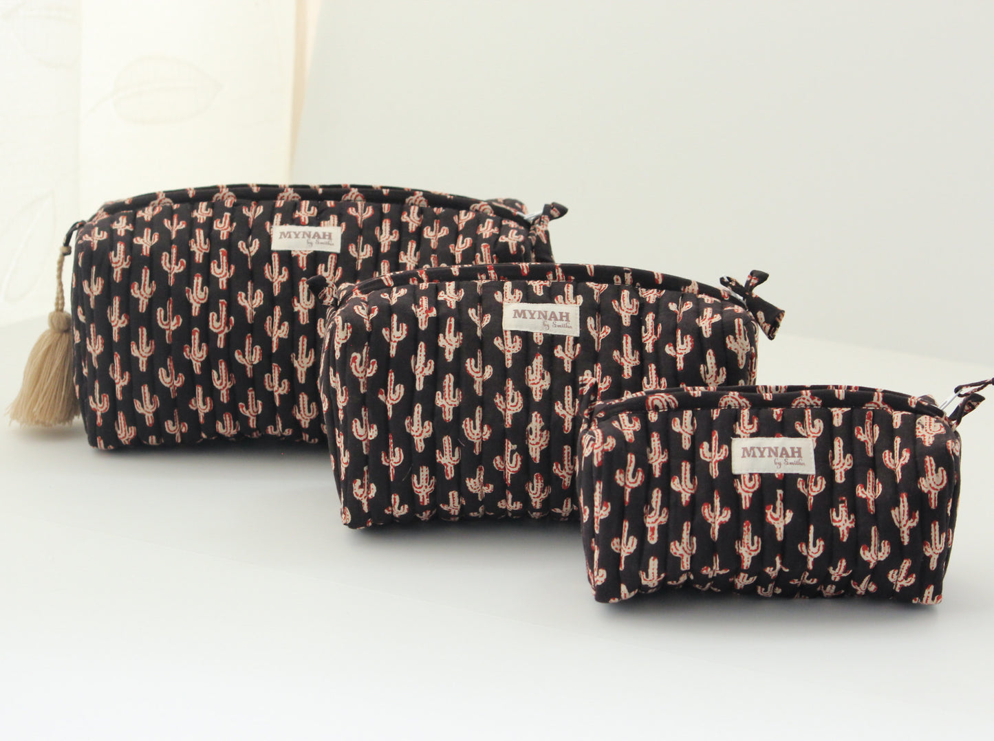'BLACK CACTUS' printed travel/makeup zipper pouch-set of 3