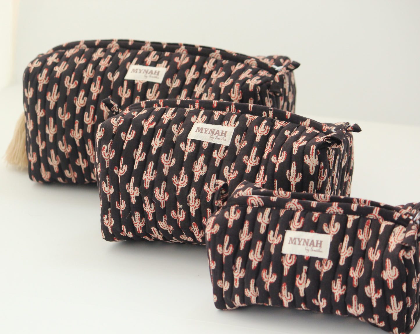 'BLACK CACTUS' printed travel/makeup zipper pouch-set of 3